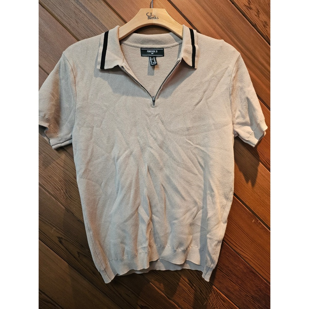 Forever 21 Men Tan Beige Knit Quarter Zip Polo Shirt Short Sleeve Size M Golf